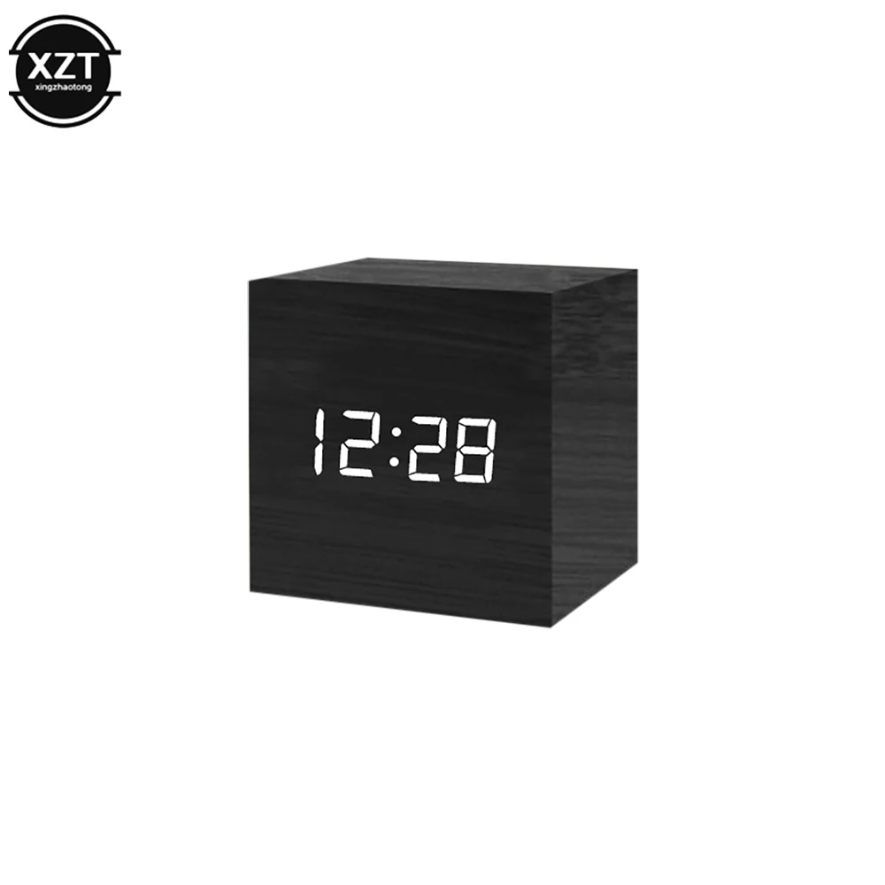 Alarm Clock LED Wooden Watch Table Voice Control Digital Wood Despertador USB/AAA Powered Electronic Desktop Clock