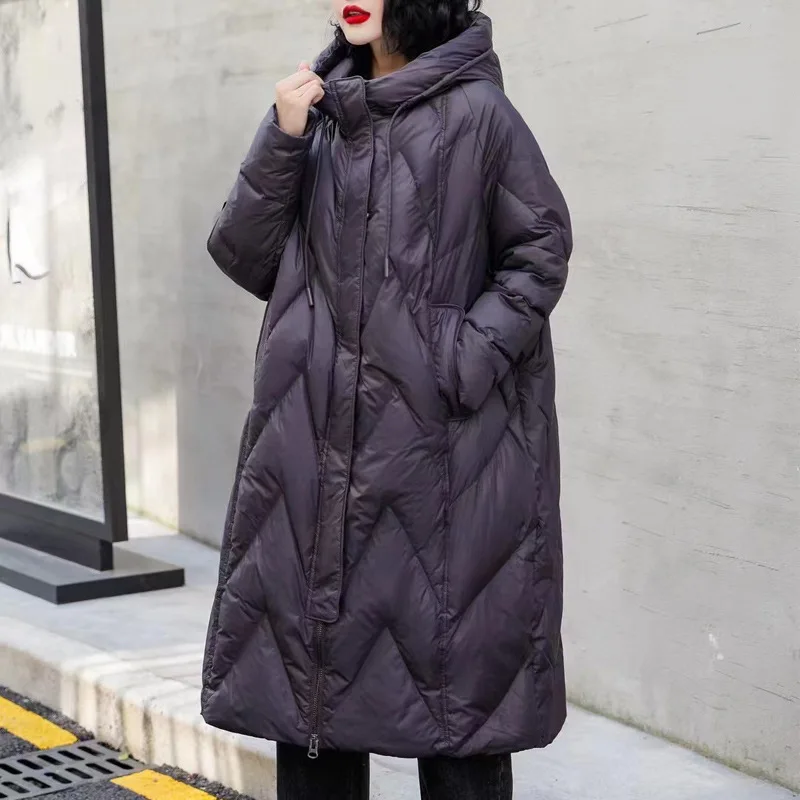 Women's Clothing Down Jacket New Style White Duck Down Thickened Below The Knee Fashionable Loose Fit Stylish Plus Size Warm
