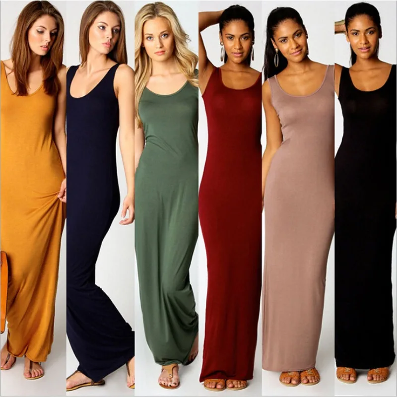 Damen-Maxikleid, ärmellos, figurbetont, langes Kleid, elegant, lässig, Homewear, Frühling, Sommer, cooles, einfarbiges Kleid