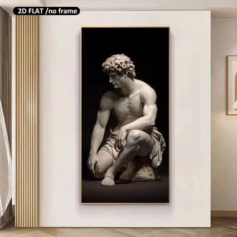 2D Flat, 2D Flat, Large Unframed Canvas of a Seated Male Sculpture with Curly Hair, Measuring 31.49X62.99 Inches Or 80X160 Cm, P