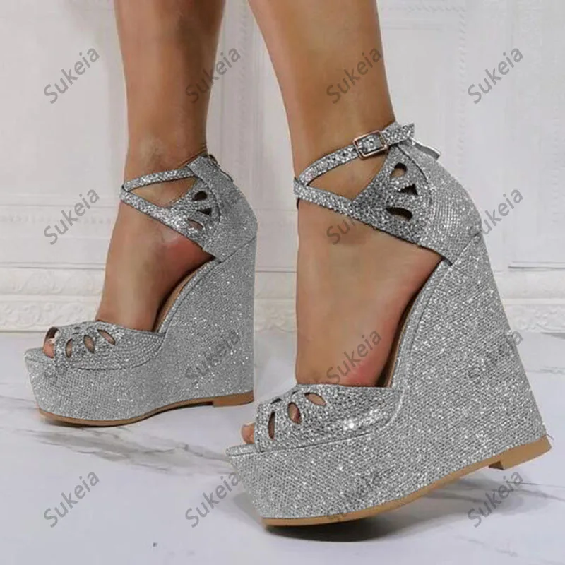 Sukeia ผู้หญิงแพลตฟอร์ม Glitter รองเท้าแตะ Wedges รองเท้าส้นสูงสายคล้องคอ Peep Toe ทองเงินรองเท้าสุภาพสตรี US PLUS ขนาด 5-20