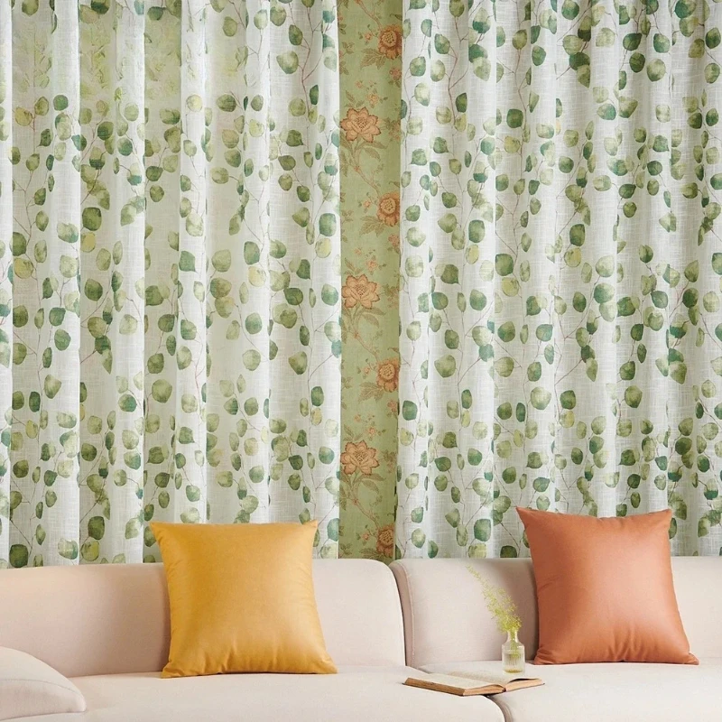 Custom Size Leaf Printed Window Veil Modern Luxury Sheer Curtains for Living Dining Room Bedroom Door Fashion Elegant