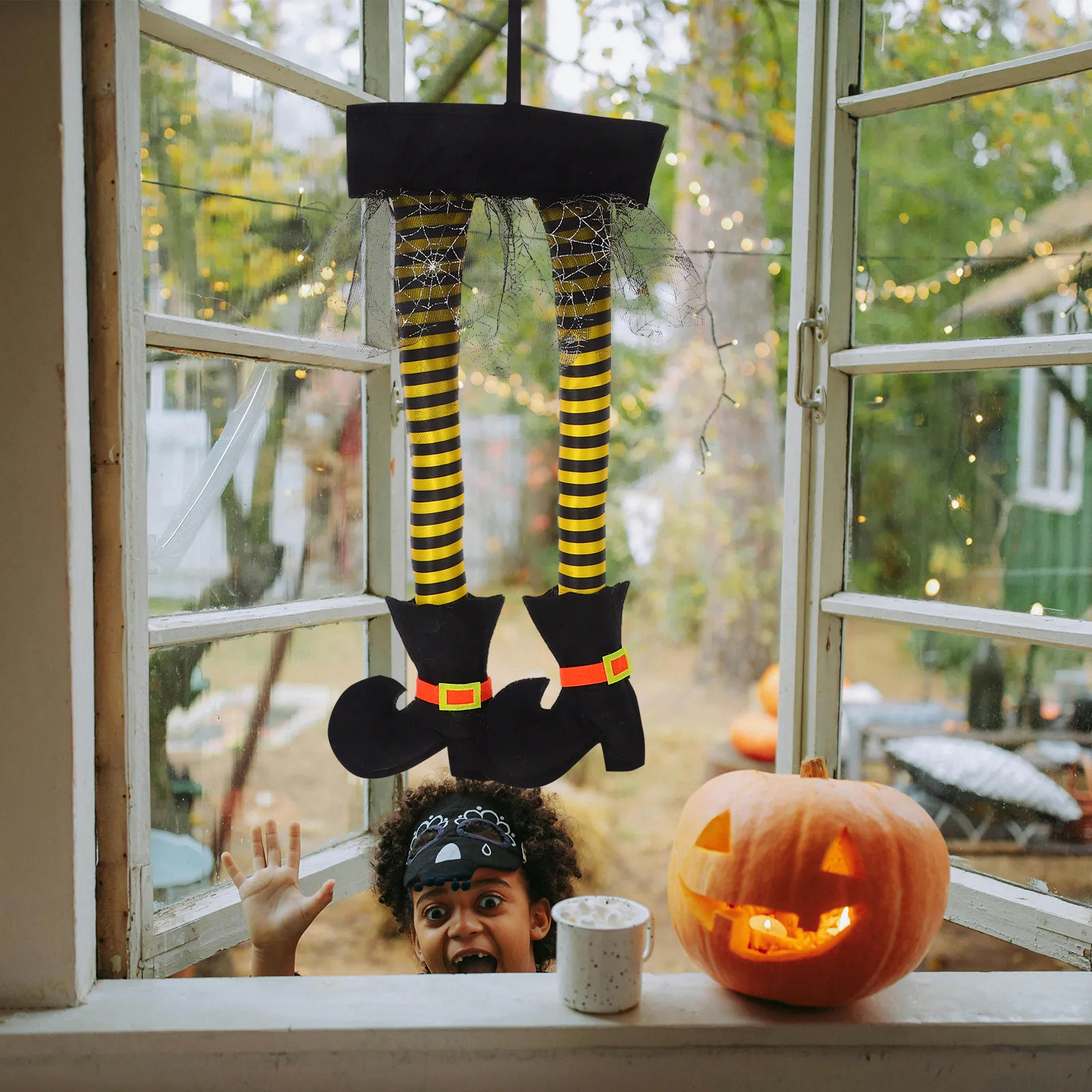 Spooky Hanging Witch Legs Halloween Decoration with Realistic Striped Boots Skirt Mesh Web for Indoor Outdoor Porch Window Yard