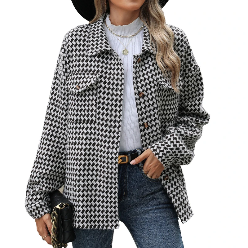 New Style Lapel Plaid Multi-button Long-sleeved Loose Woolen Jacket