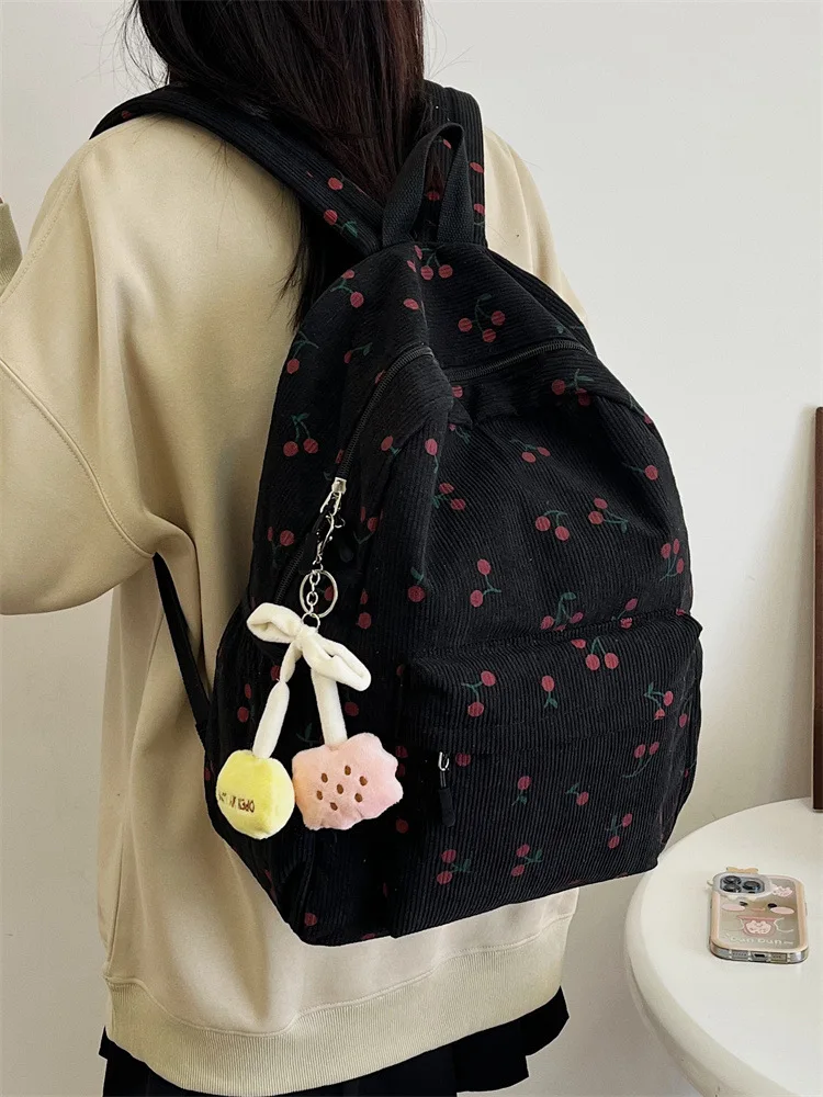 

Новый женский милый вельветовый рюкзак с вишневым принтом, вместительный повседневный школьный ранец, легкий дорожный рюкзак для девочек-студенток