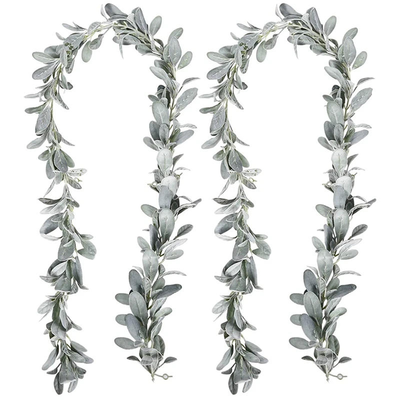 2 Pcs Artificial Flocked Lambs Ear Garland - 6Ft/Piece Soft Faux Vine Greenery And Leaves For Framhouse Mantle Decor