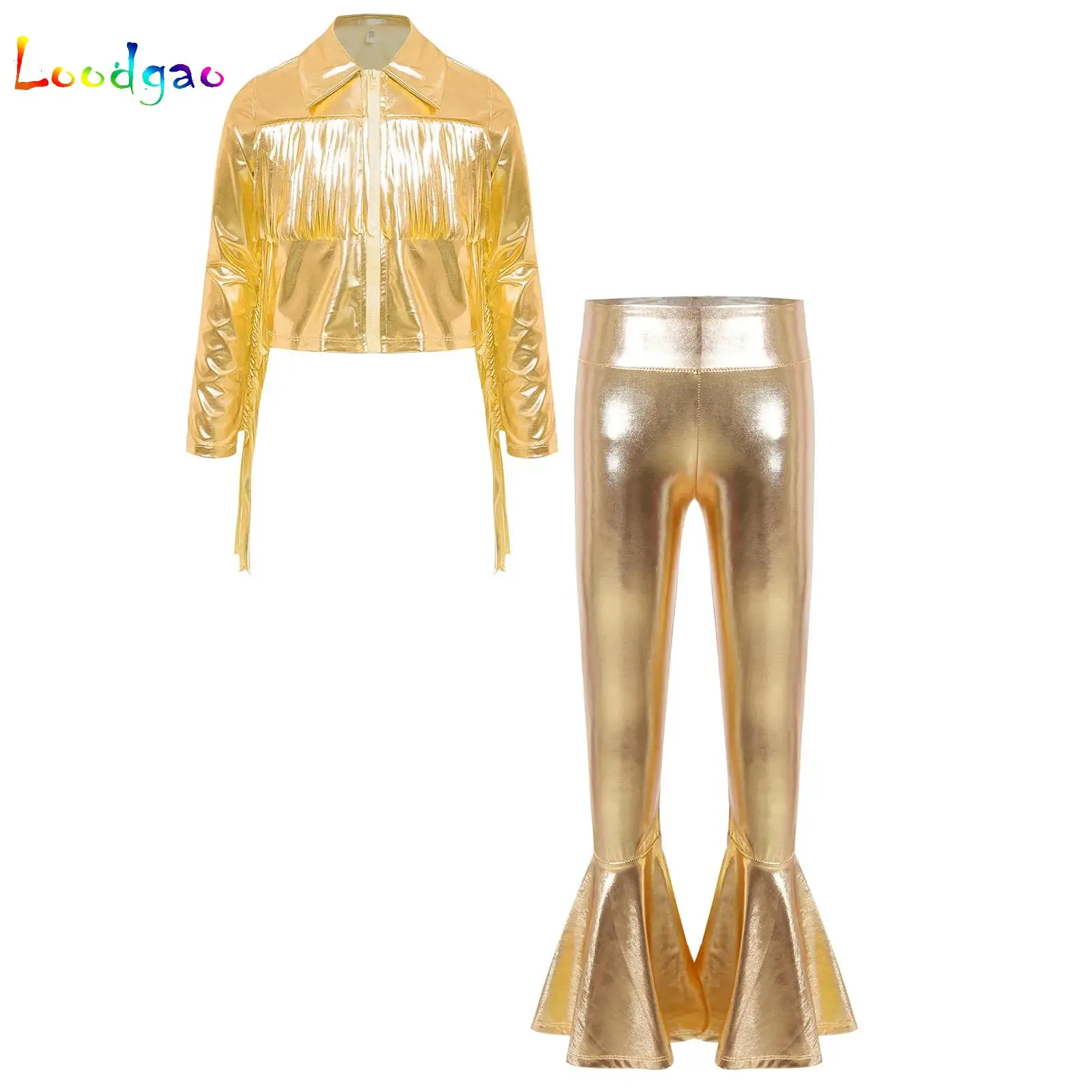 

Girl Jazz Dance Costume Clothes Outfits Kids Hip Hop Clothing Tassels Metallic Jacket+Bell-bottom Pants for Stage Performance