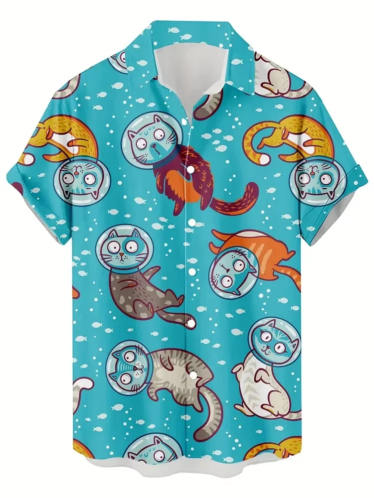 Men Colorful Cartoon Puppet Figure Print Hawaiian Shirt Light Blue Lapel Short‑Sleeve Button‑Down Casual Beach Vacation Party