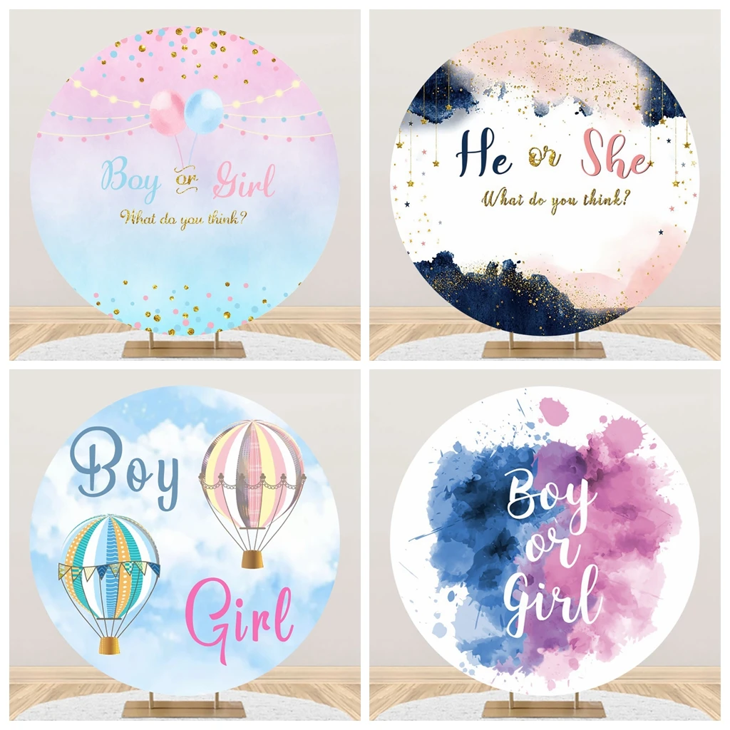 

Laeacco Baby Shower Background Balloon Boy Or Girl Poster Glod Glitters Round Circle Photography Backdrop Photocall Photo Studio