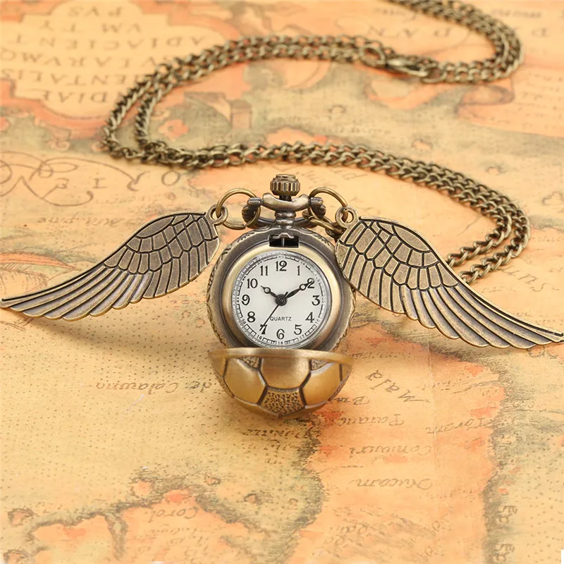 Steampunk Mini Size Football Design Pocket Watch with Wings Men Women Quartz Clock Pendant Necklace Chain Timepiece Gift