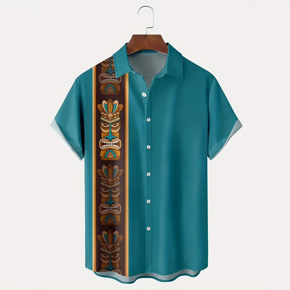 

Men'S Hawaiian Vacation Casual Shirt Men'S Plus-Size Baggy Lapel Button-Up Top Vintage 3D Totem Print Short-Sleeved Shirt