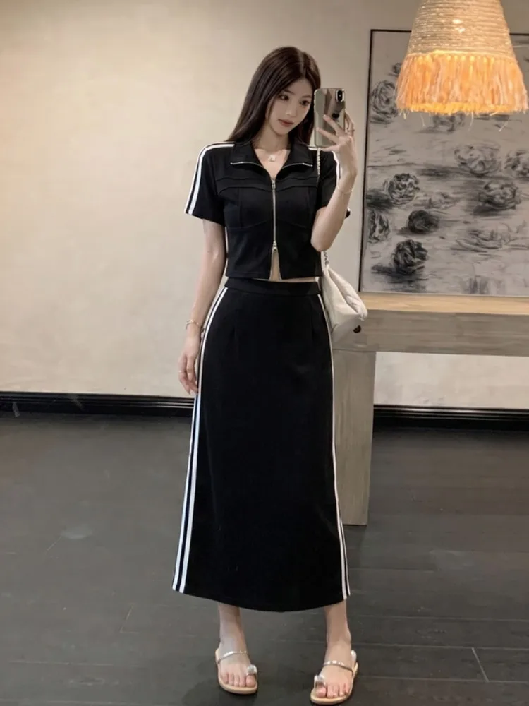 

plus Size Fashionable Korean Style Short Zipper Top And Skirt Two Piece Set Women's Clothing Breathable Summer Casual Wear