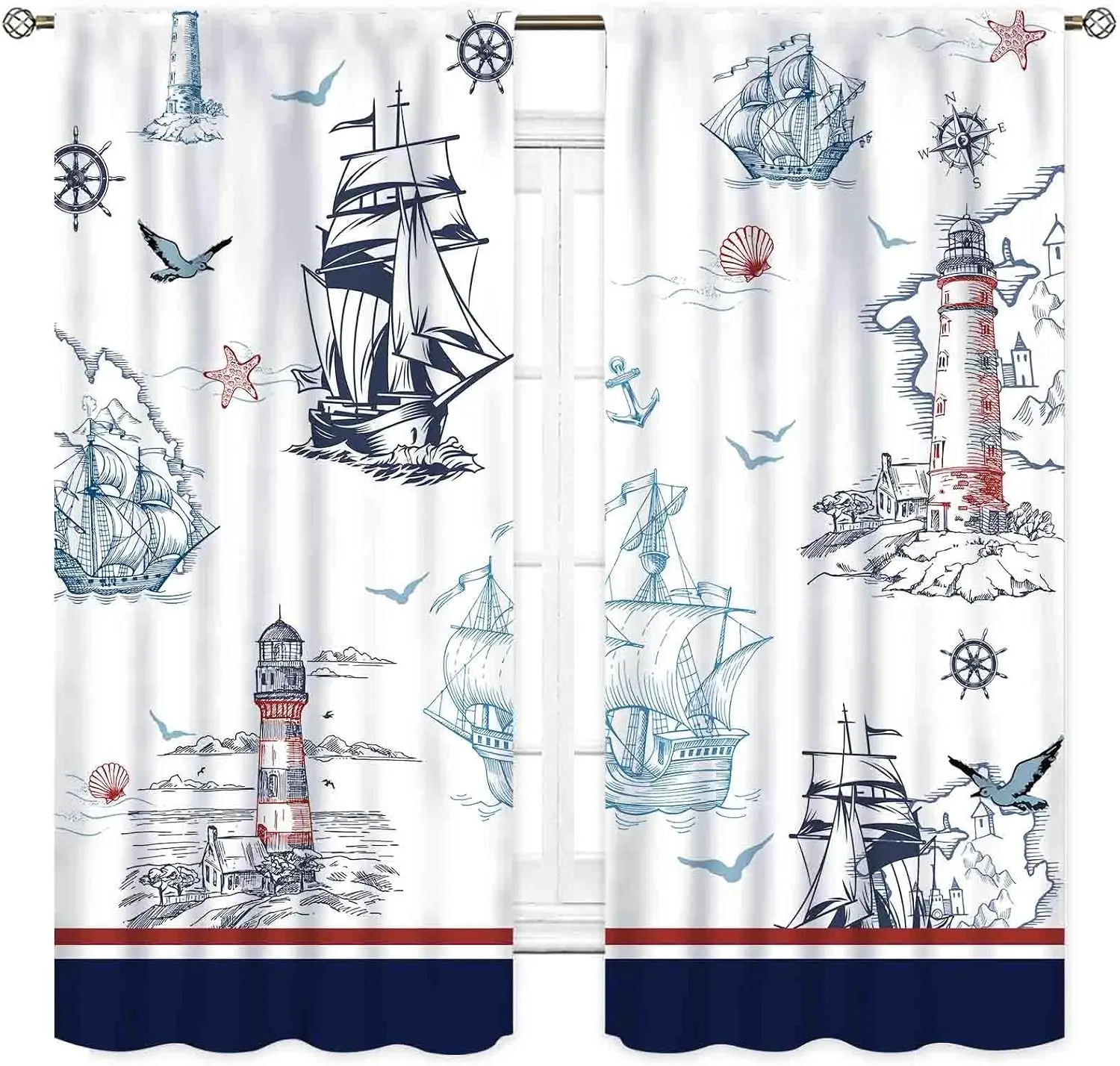 Nautical Theme Curtain 2pcs Coastal Lighthouse Ship Drawing Print Curtains for Bathroom Window Waterproof Home Decoration Nautic