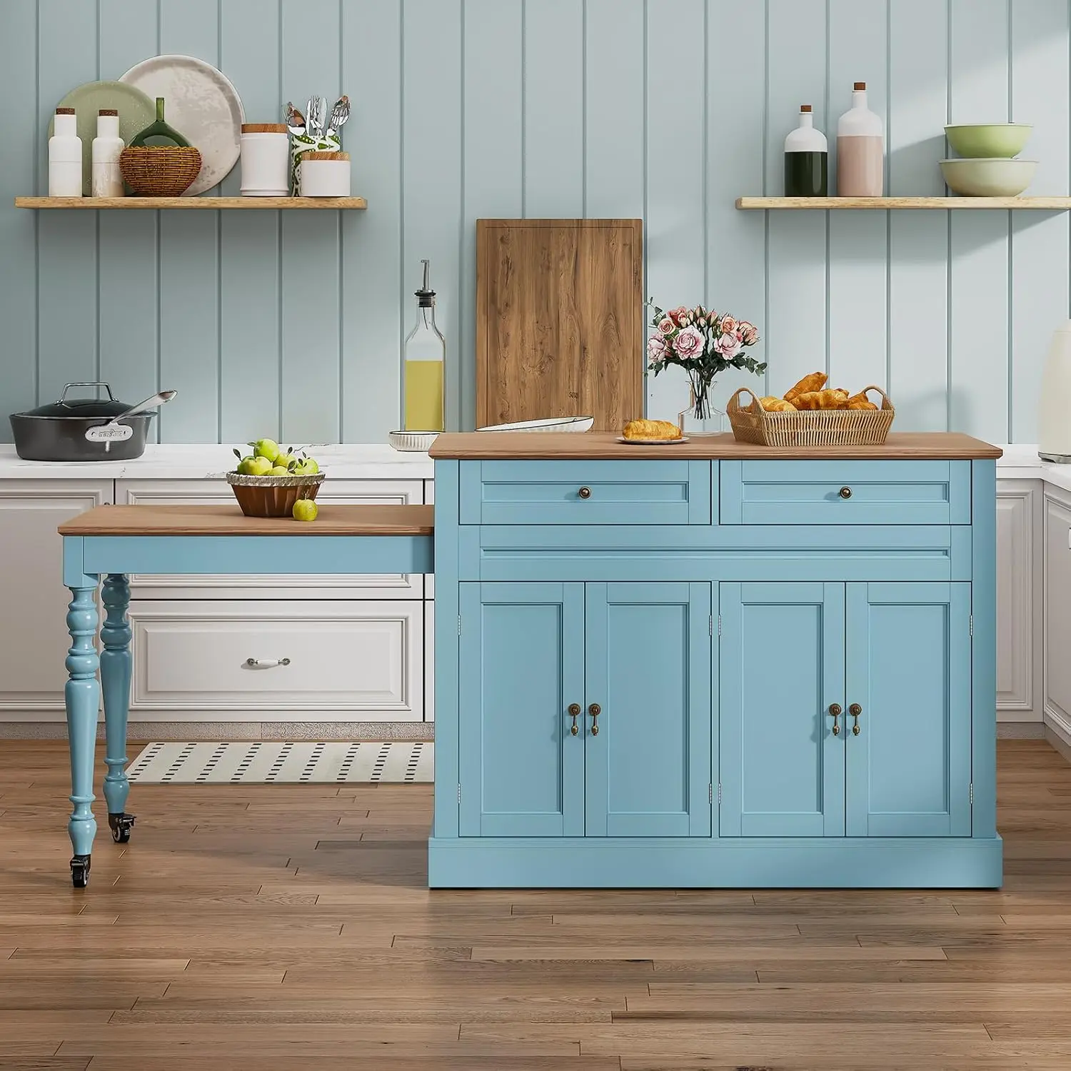 

87.5" Kitchen Island with Extendable Table for 2-6, Rolling Islands Cart with 4 Doors, Mobile Kitchen Island (Light Blue)
