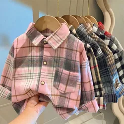 Spring Autumn Warm Coat Shirt for Boys and Girls 1-9 Year Old Classic Striped Plaid Top Thickened Korean Fashion Children's Wear