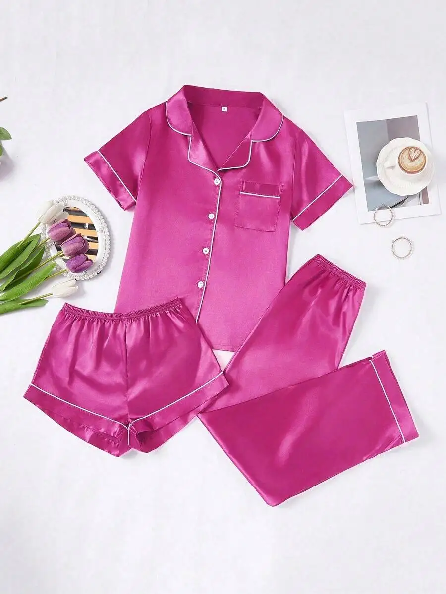 

3-Piece Women Satin Pajama Set With Contrast Trim Lapel Short Sleeve