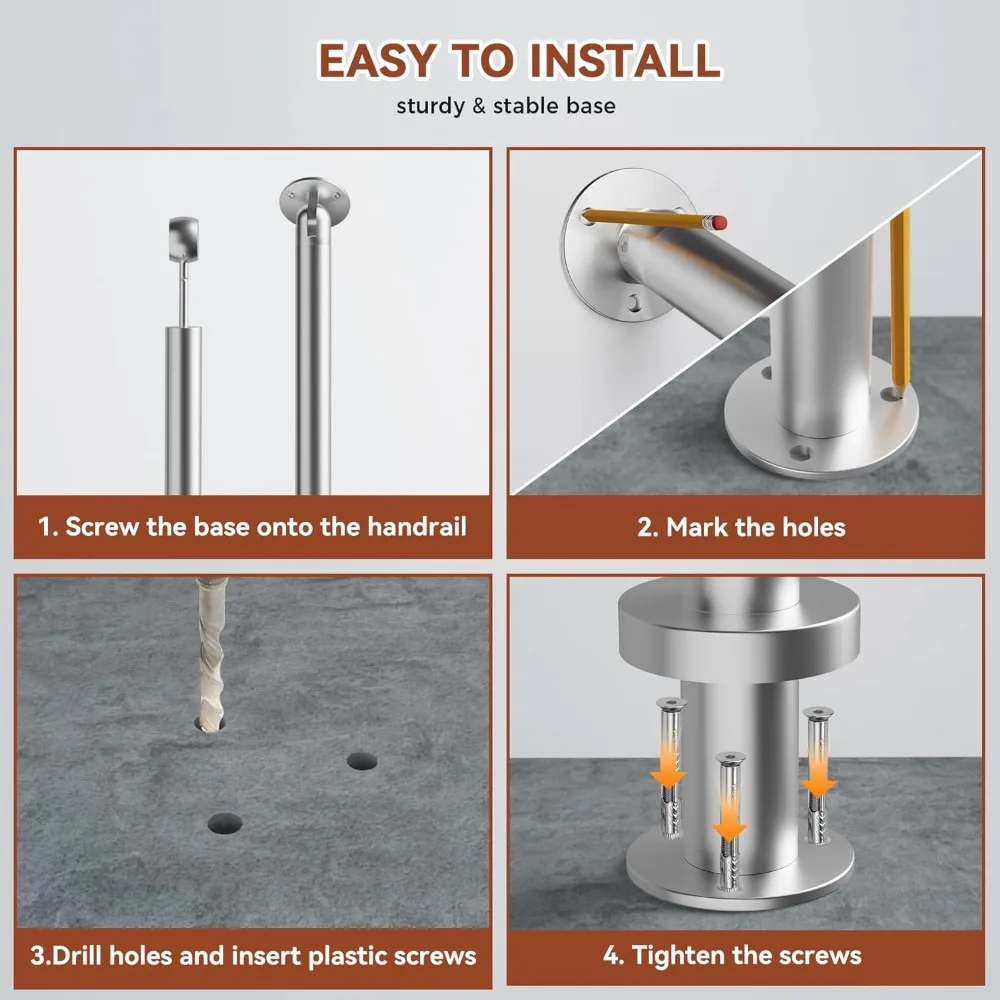 طقم درابزين خارجي من الفولاذ المقاوم للصدأ لخطوات 2-3 خطوات، 39.4 بوصة/100 سم، حاجز دعم انتقالي للخطوات #6