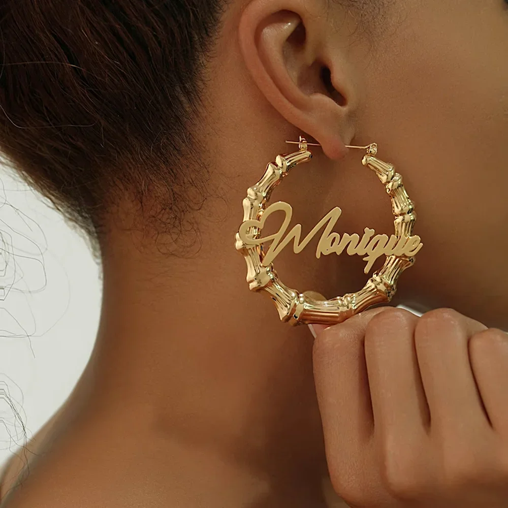 

Personalized Big Hoop Bamboo Shape Earrings Custom Name Earrings for Woman Golden Designer Earrings Stainless Steel Jewelry Gift