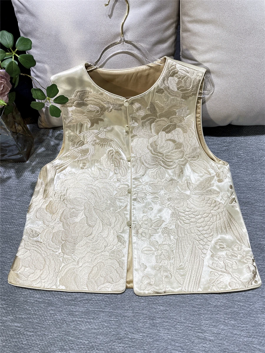 

New Chinese Sle Heavy Embroidery Acetate Fabric Vest Sensation Top Women's Faion Summer Season round Ne Single Button