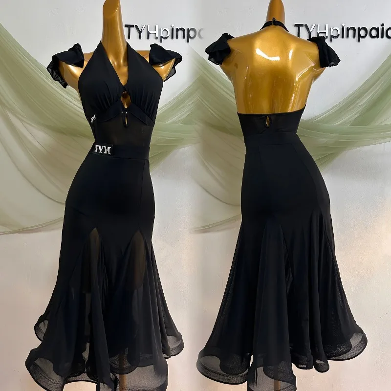 Robe de danse moderne personnalisée, tenue d'entraînement, compétition de Performance, Ocostumes, haut à licou noir, jupe serrée aux hanches
