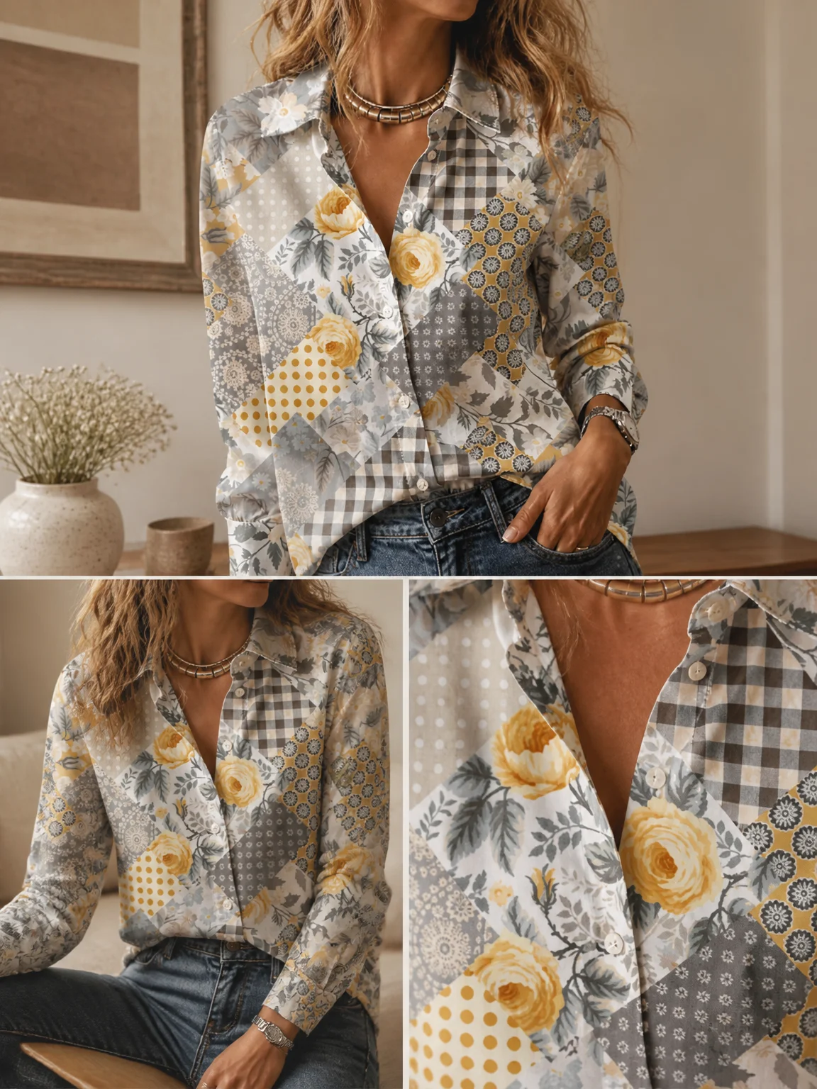 Chemise décontractée à boutons pour femme, à manches longues, col à revers, tenue polyvalente pour les trajets quotidiens, les rendez-vous et le shopping urbain