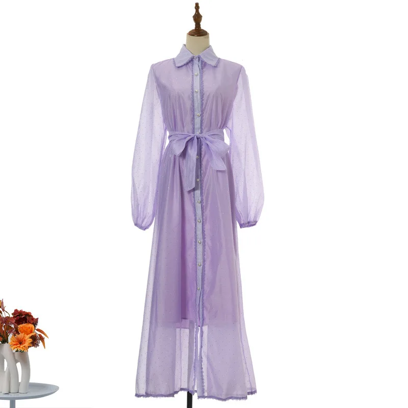 Street Series Long Dr mit Strassbesatz, Ogees, Patchwork-Spitze, hohe Taille, Gürtel, Farbe, lässiger Oulder-Winkel