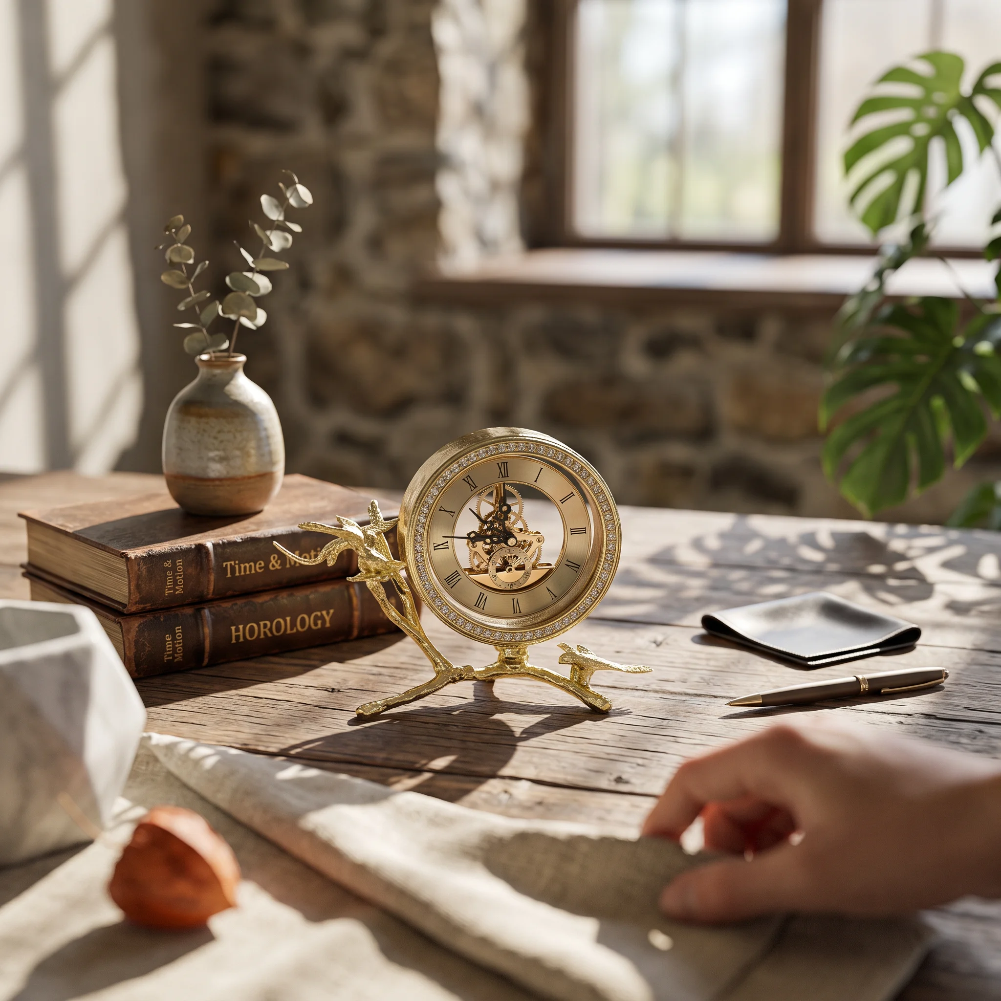 Elegant Vintage Style Clock with Roman Numerals Gold Finish Ornate Tabletop Design with Bird Detail for Bookshelf Decor