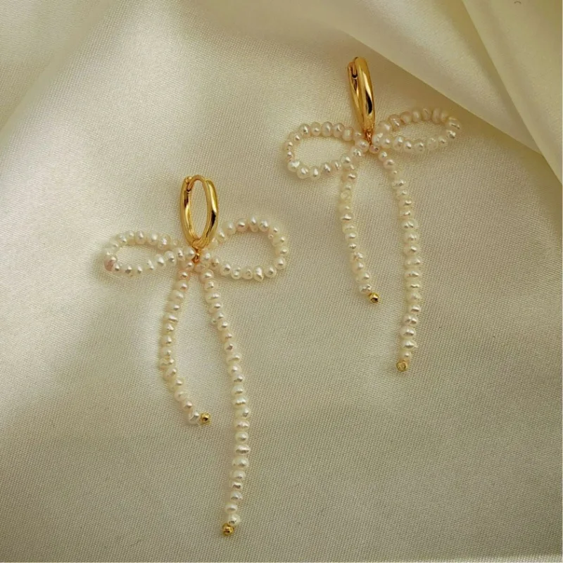 

Fashion Natural Freshwater Pearl Hand-woven Bow Millet Beads Ear Buckle for Women Cute Sweet Long Dangle Earrings