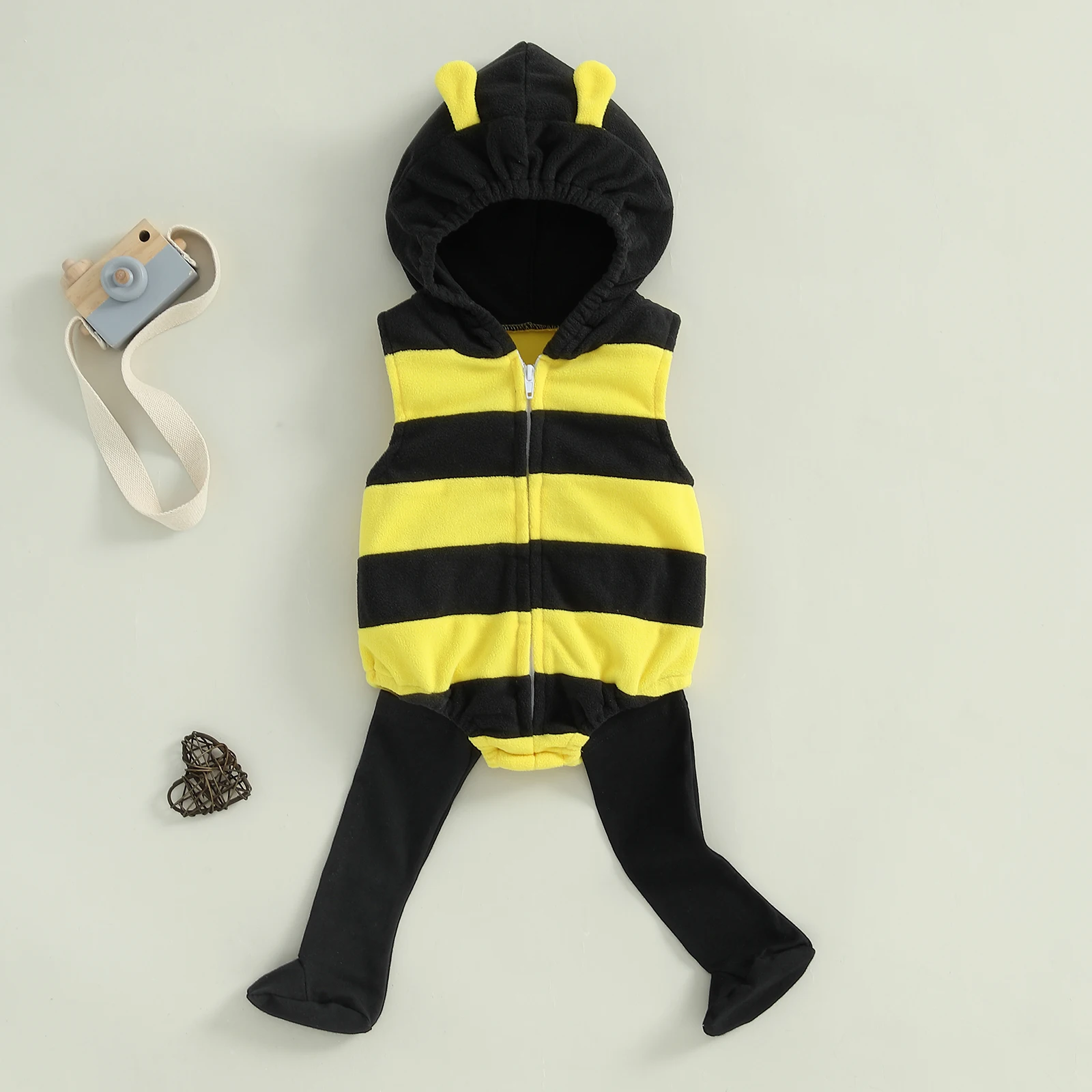 Baby Bee Costume Sleeveless Stripes Hooded Romper Long Socks Set Infant Newborn Baby Photography Cosplay Costume