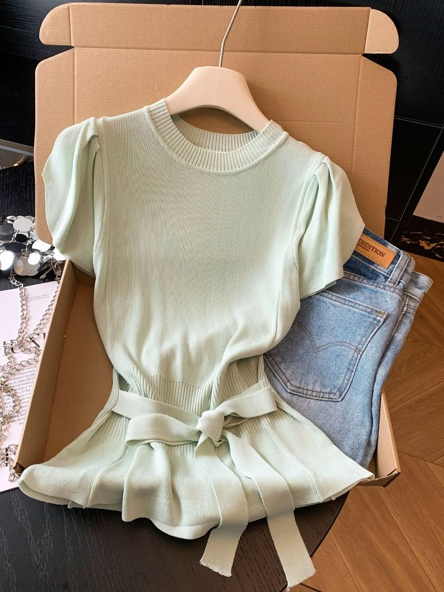 

Summer Slim Fit Women's Ice Silk Knitted Short Sleeve round Neck T-Shirt Knot Belted Slimming Top Fashionable Casual