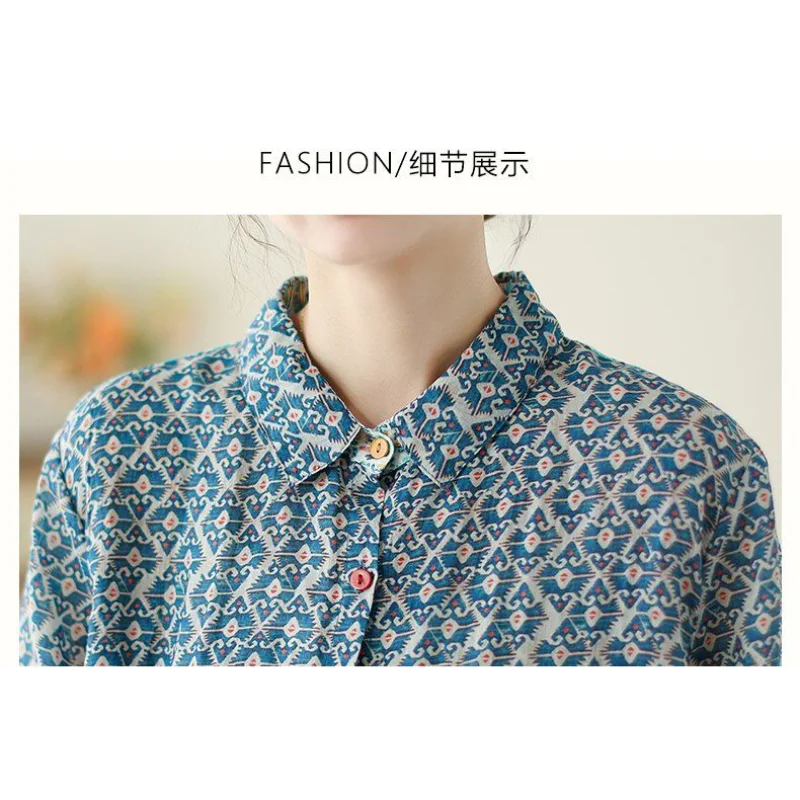 Retro Women's New Stitched POLO Collar Button Print Fashion Loose Versatile Casual Long Sleeve Shirts