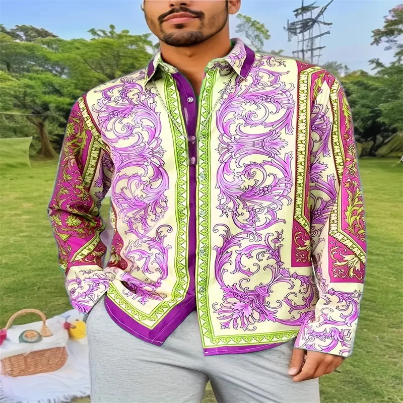 

European and American new floral pattern lapel 3D printed shirt men's fashion shirt long sleeved Hawaiian comfortable men's shir