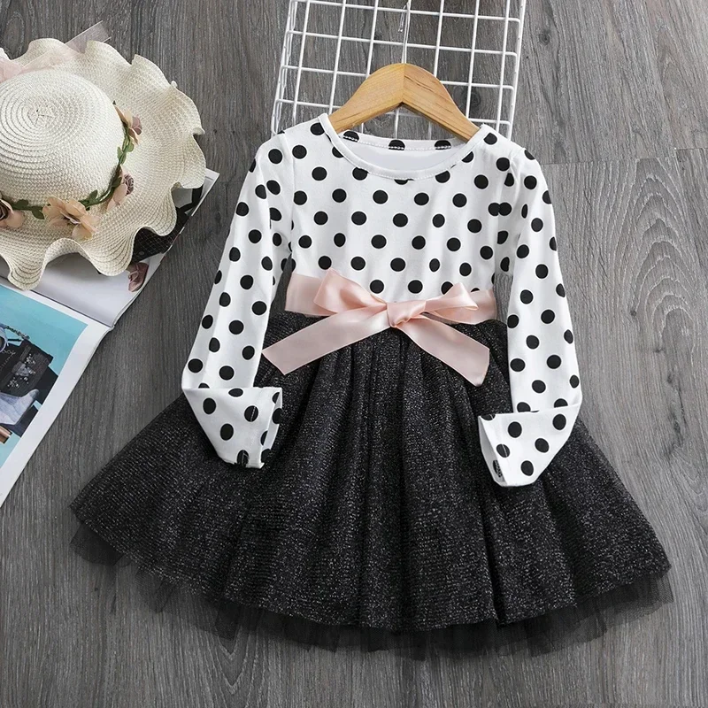 Polka Dots Long Sleeve Tulle Princess Dress for Girls Kids Birthday Party Dresses Vestidos Children Autumn Casual Clothes 3-8Yrs