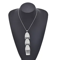 Vintage Silvery Ethnic Element Pendant Necklace for Women Traditional Afghan Pakistani Nepal Sweater Chain Jewelry Accessories
