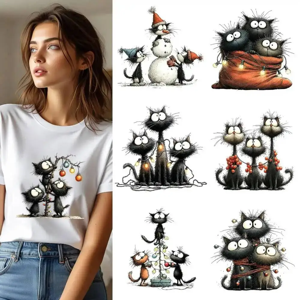25CM Whimsical Christmas Black Cats Friends Heat Transfer Patches For Clothes DIY A-Level Washable Shirt Iron-on Thermal Sticker