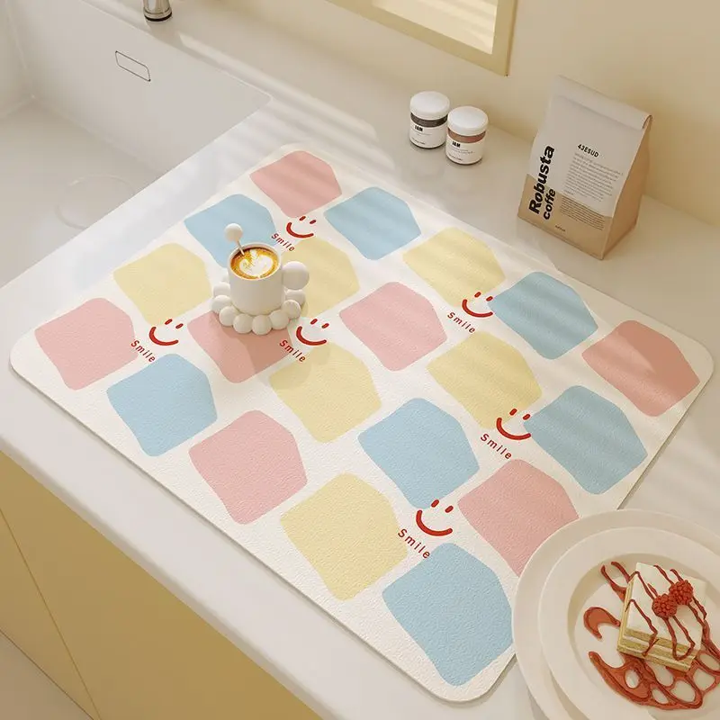 VIKAMA Macaron Smile Color Block Drying Mat Soft Quick Absorbent Non Slip Waterproof Pad For Kitchen Sink Coffee Desk