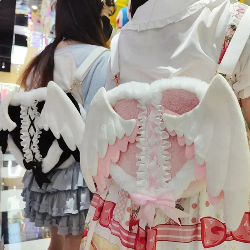 Y2K Angel Heart Backpack Plush Bag Fashion Shoulders Bag With Detachable Wing Lolita JK Uniform Bag Japanese Girl Sweet Cute Bag