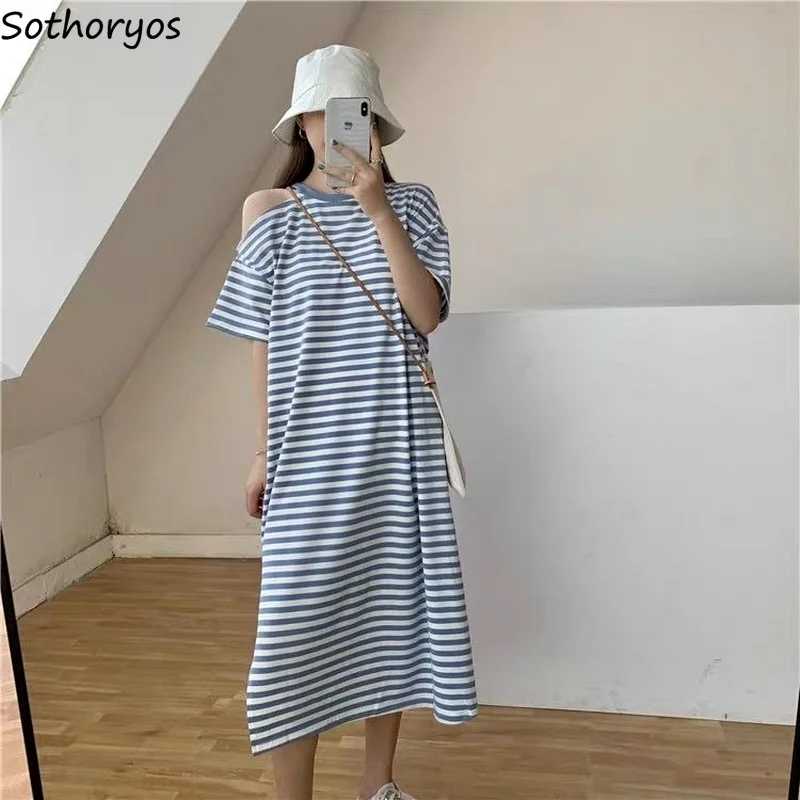 

Women Short Sleeve Dress Striped Loose Summer Casual All-match Sundress Korean Style Fashion Trendy New Mid-Calf Basic Clothing