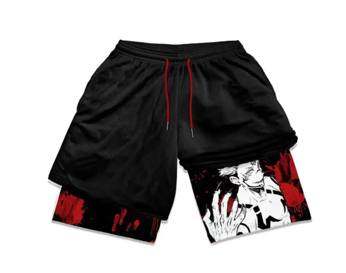 Summer men's double layered shorts men anime high waisted oversized breathable sports  shorts training and fitness sports shorts