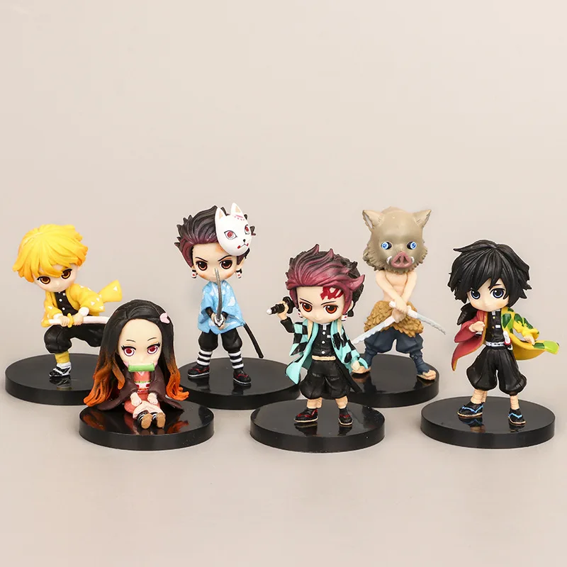 6 stks/set Anime Demon Slayer Nezuko Tanjirou Q Versie Staande houding Action Figure PVC Model Standbeeld Auto ornament pop Speelgoed Gift