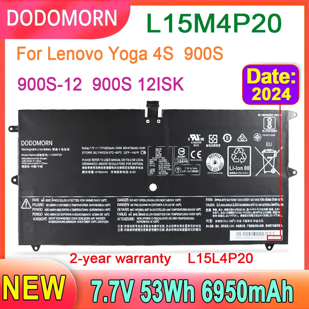 DODOMORN L15M4P20 Laptop Battery For Lenovo Yoga 4S 900S 900S-12 900S 12ISK Notebook L15L4P20 Replace parts 2-year warranty 53Wh