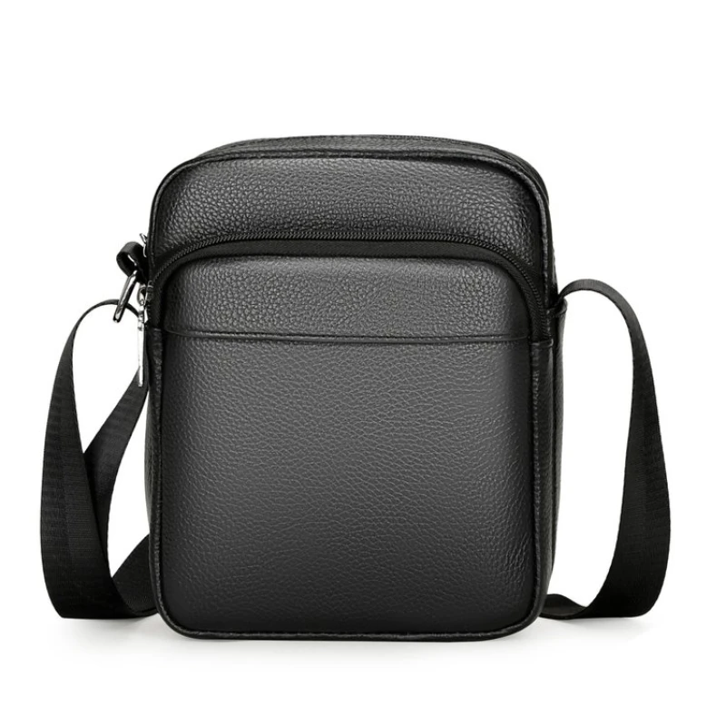 Vertical Leather Crossbody Bag for Men High Quality Cowhide Shoulder Pack Black Sling Bag with Zipper Phone Pouch