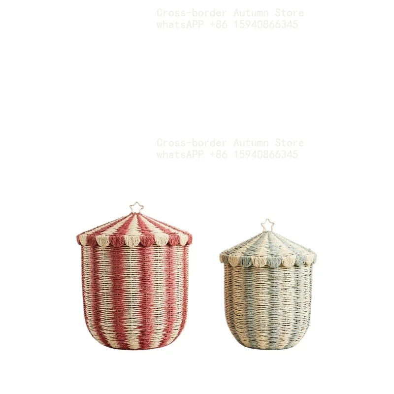 Circus tent covers with striped designs, woven paper baskets