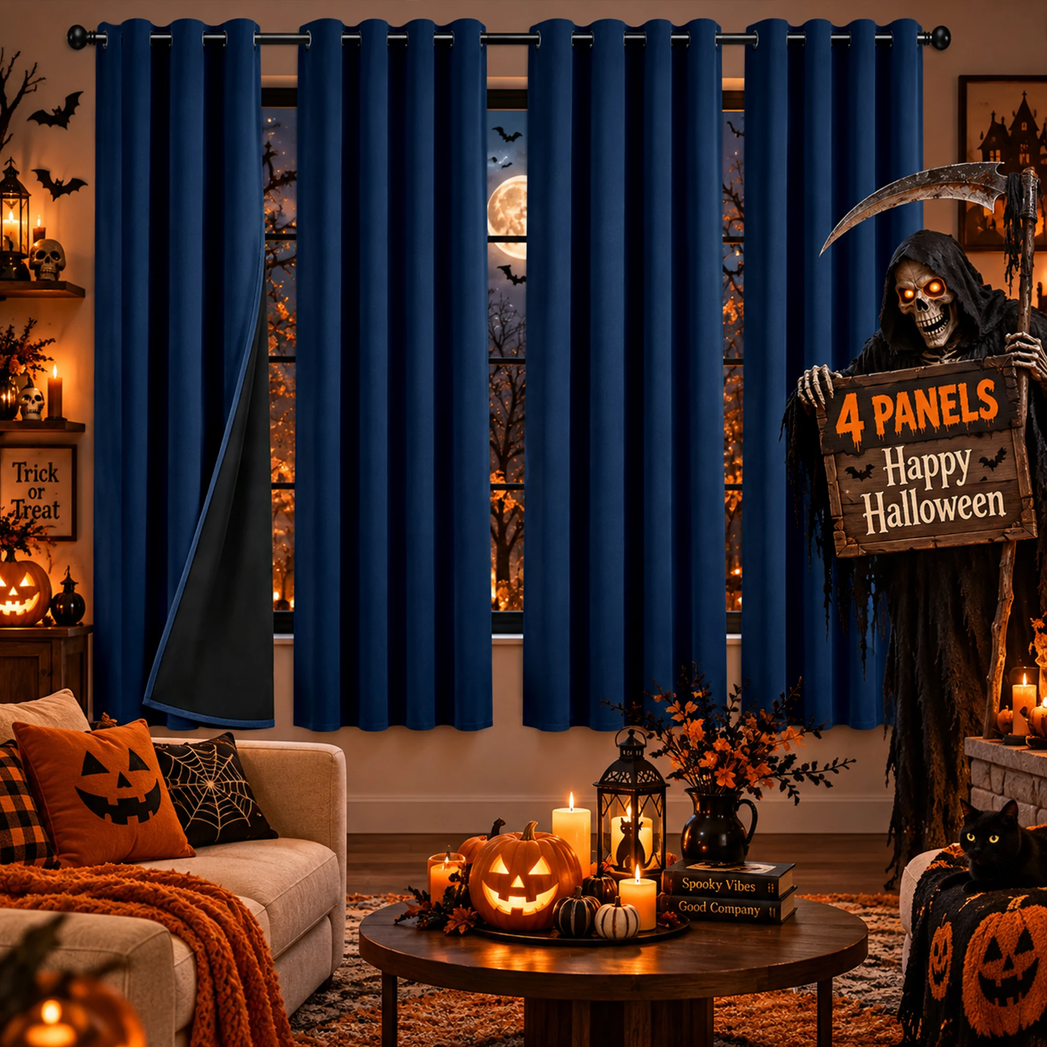 Halloween Navy Blue Blackout Curtains 4 Panel Set 100% Blackout Thermal Insulated Noise Reducing Waterproof Curtains for Bedroom Living Room