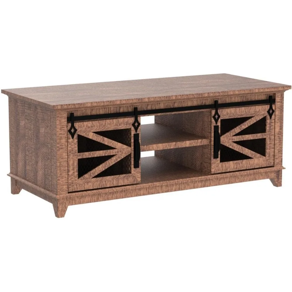 Mesa de centro de 48 '' com portas deslizantes e de armazenamento, mesa de coquetel industrial e de fazenda com prateleiras ajustáveis, retangular