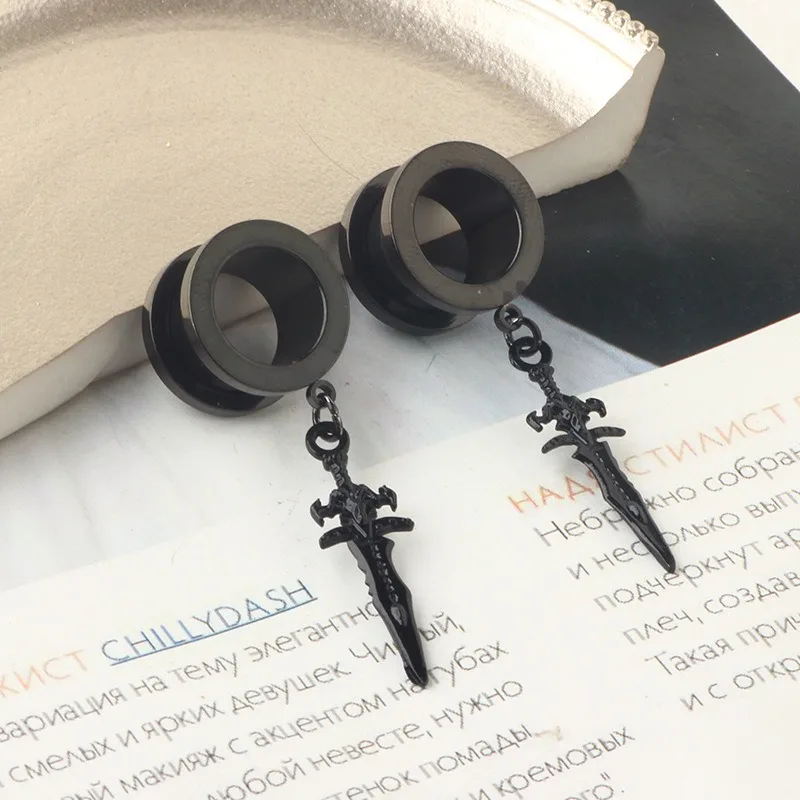 1 Pair External Thread Ancient Sword Pendant Ear Expansion Ring Trendy Piercing Ear Jewelry Accessory