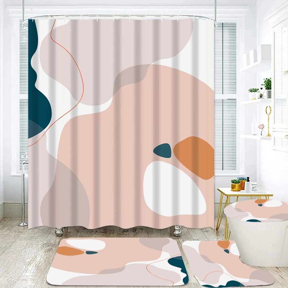 

Art Abstract Color Block Plant Print Shower Curtain Fabric Bathroom Curtains Rug Toilet Lid Cover Non-Slip Carpet Bath Mats Set