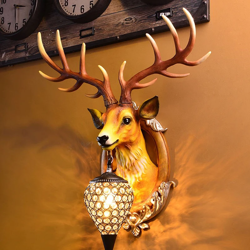 

Deer head wall lamp European American living room background hanging lamp