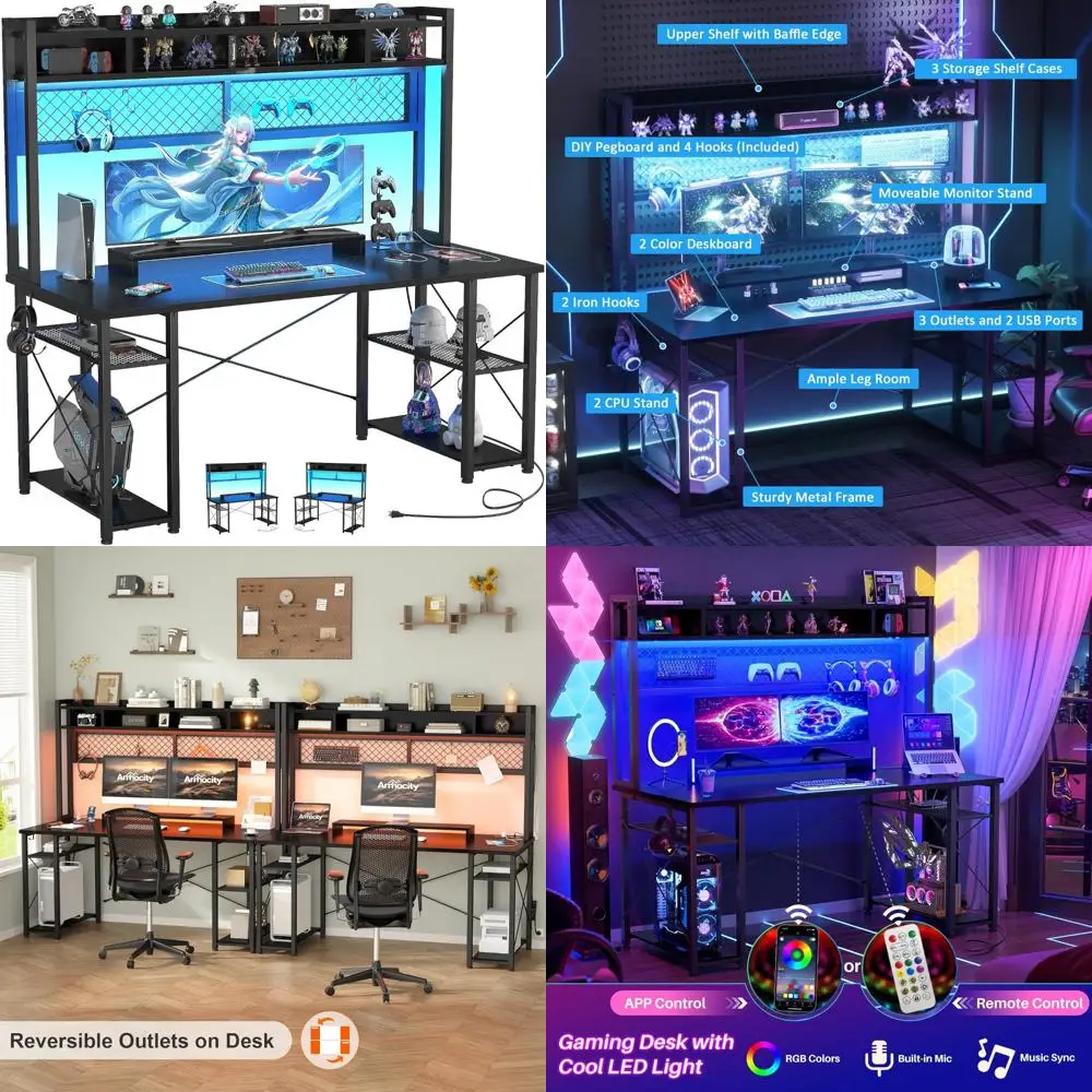 

Upgraded 2024 Gaming Desk with Hutch, 55.2 LED-lit Computer Desk featuring Reversible Workstation and Outlets