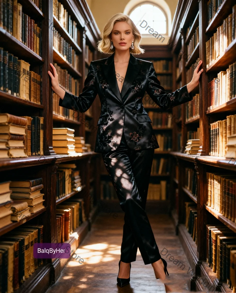 Black Printed Women Suit Set 2 Pcs Blazer Pants Satin Autumn Wedding Formal Office Lady Jacket Customized Bridal Guest Coat